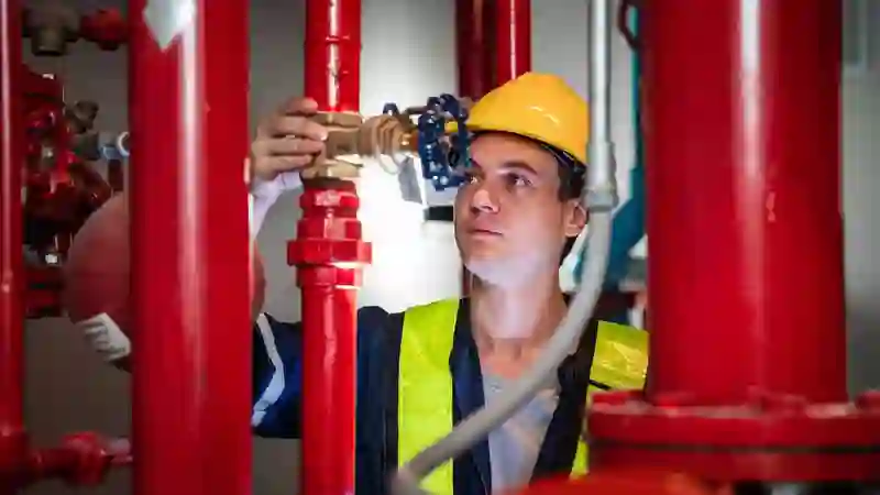 Plumber examining pipes on a construction site