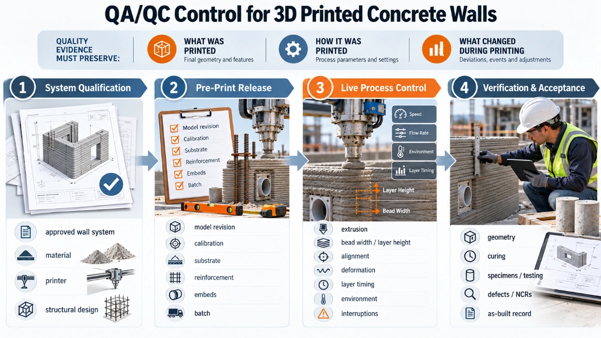 Four-stage QA/QC workflow for 3D printed concrete walls from system qualification through final verification and acceptance.