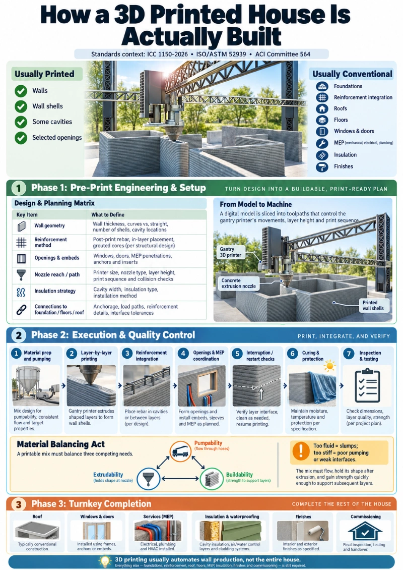Infographic showing how a 3D printed house is built, from pre-print engineering and wall printing to QA/QC and conventional turnkey completion.