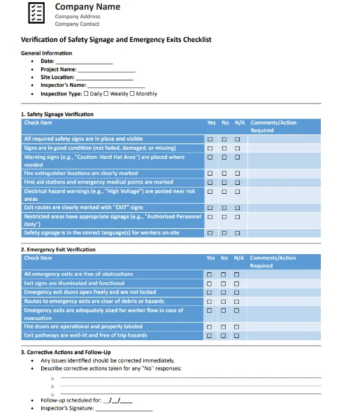 verification safety singage and emergency exists checklist quollnet