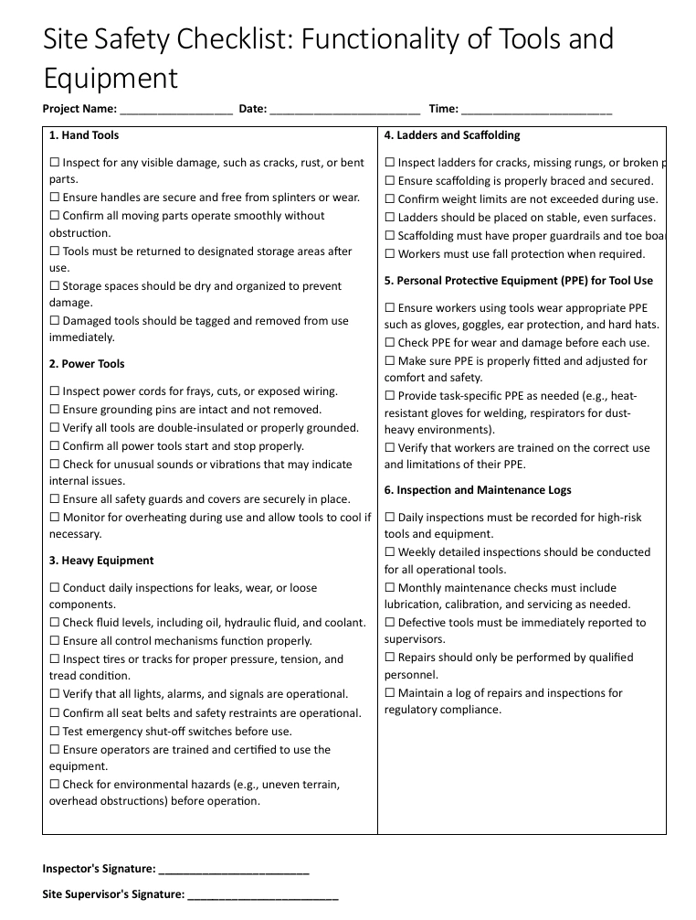 safety check list for functionality of tools and equipment 