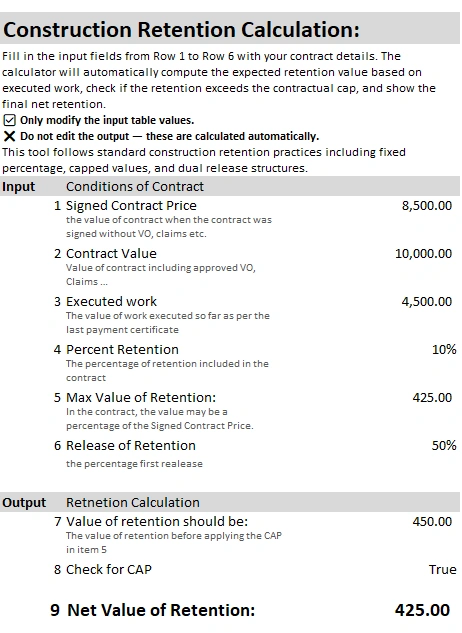 construction retention calculartor quollnet
