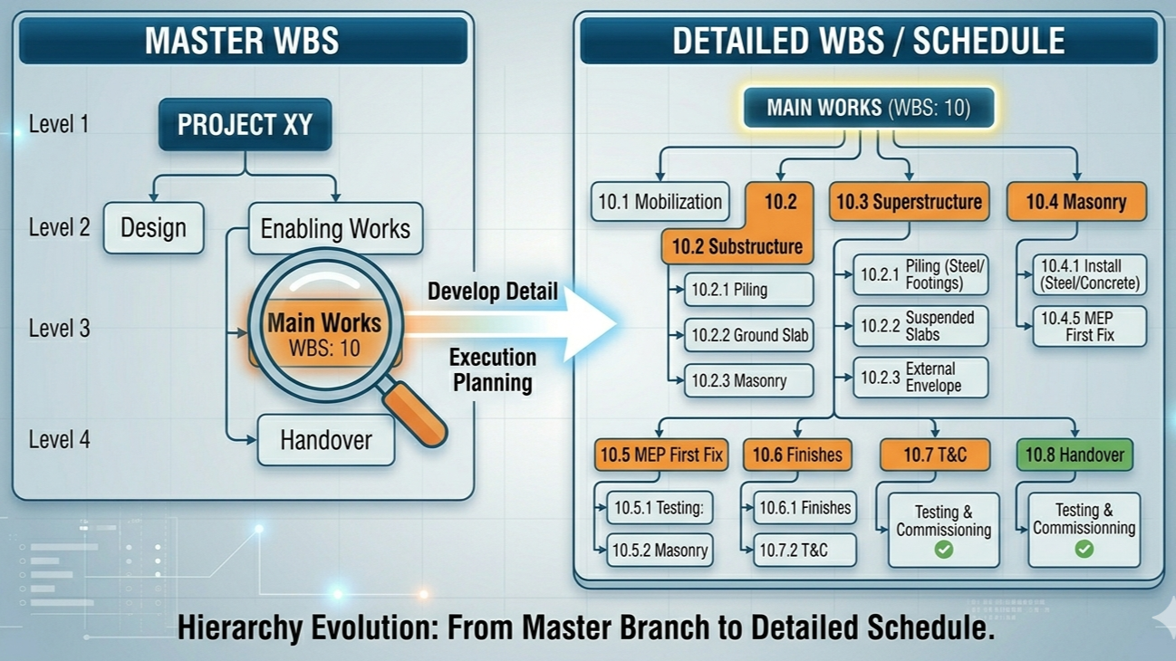hierearchy evolution from master branch todetailed schedule