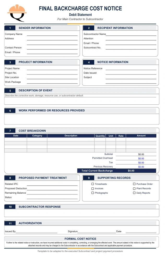 backcharge cost notice template quollnet