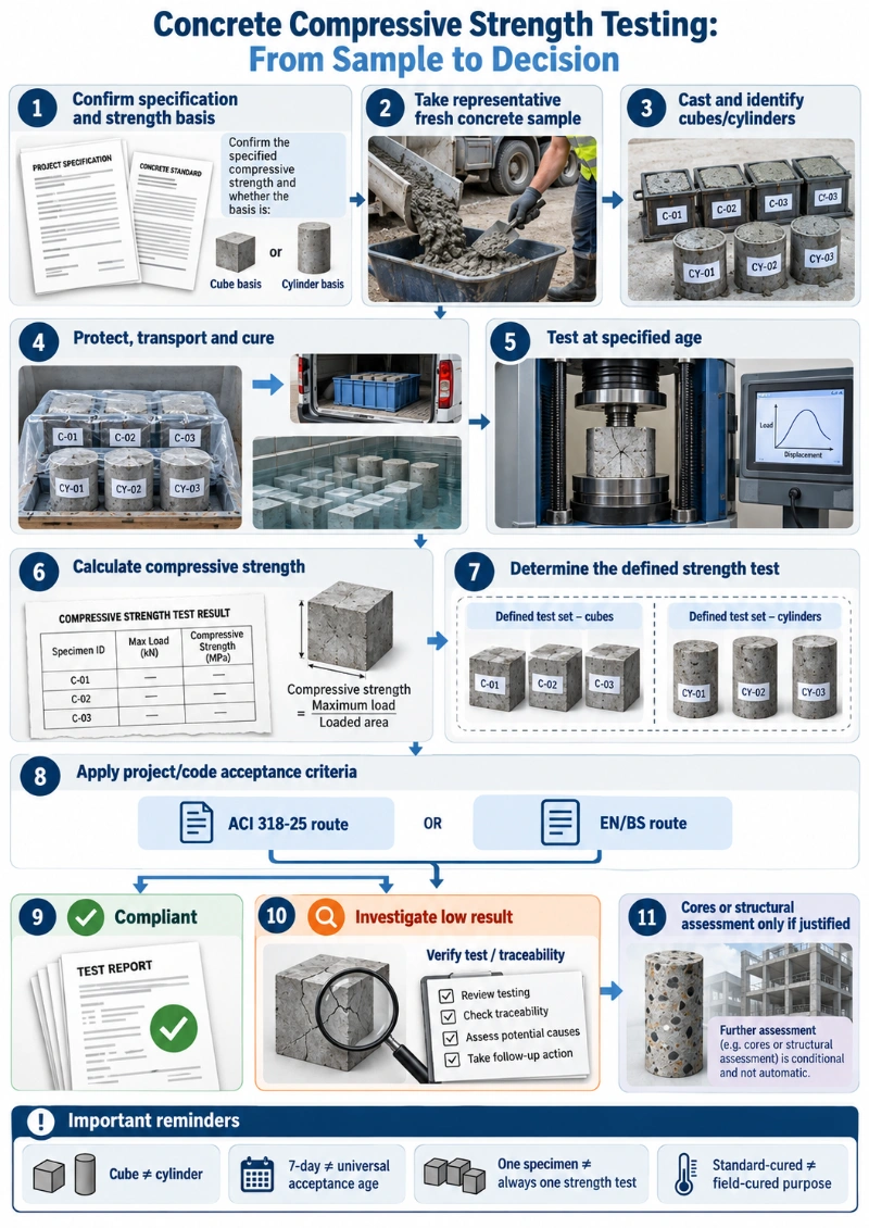 Concrete compressive strength testing workflow from representative sampling and cube or cylinder preparation through curing, compression testing, acceptance and low-strength investigation