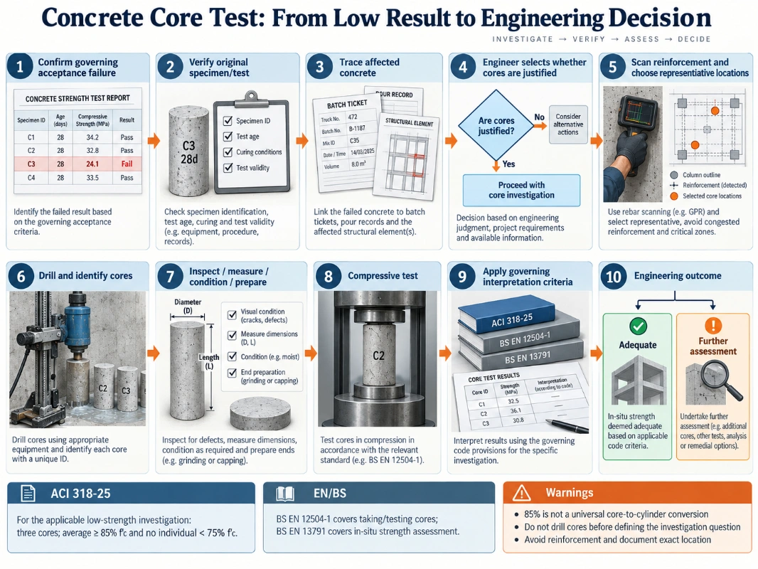 Concrete core test investigation workflow showing when core drilling is justified, how cores are selected and tested, and how ACI 318-25 and BS EN 13791 results are interpreted