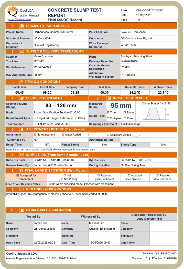 Completed concrete slump test report example showing specified slump, measured result, sample IDs and final load disposition