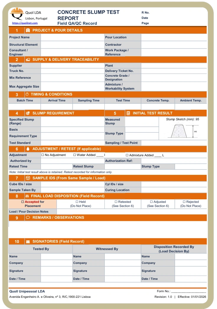 Blank concrete slump test report template for recording project, delivery, slump, sample and load disposition details