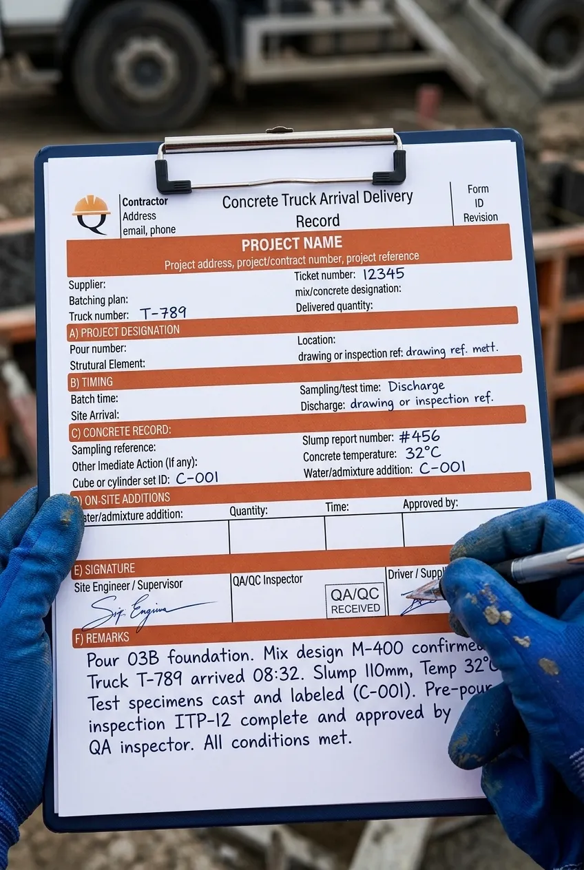 Completed concrete truck arrival and delivery record showing truck, ticket, slump, temperature, specimen, ITP and final disposition traceability