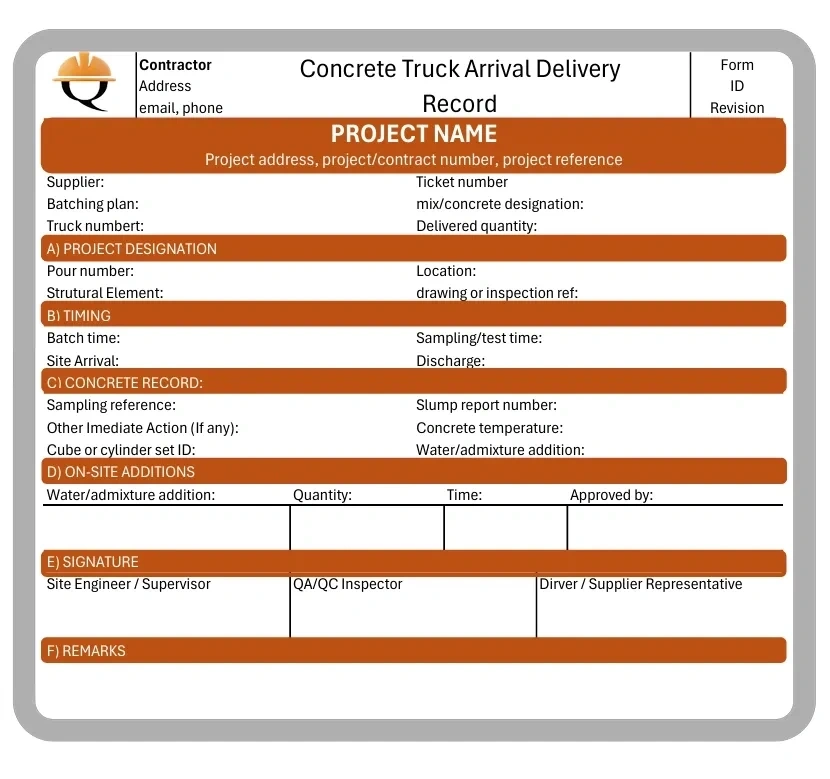 Blank concrete truck arrival and delivery record linking ready-mix delivery details to tests, specimen IDs, ITP references and load disposition