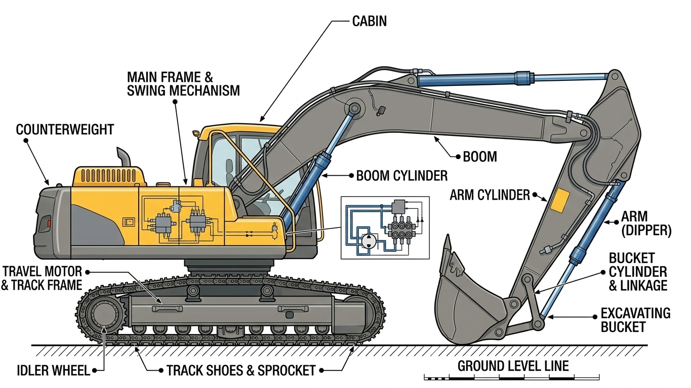 diagram excavator main components
