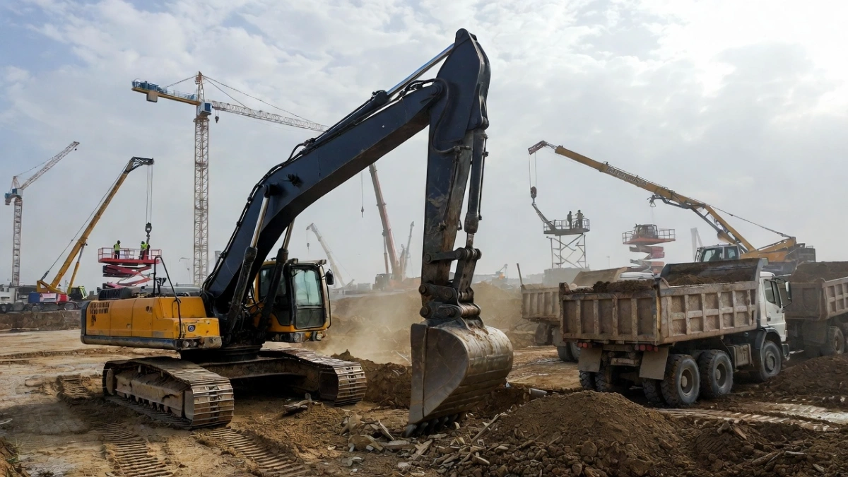 excavatrice hydraulique dans le sol au début de la construction