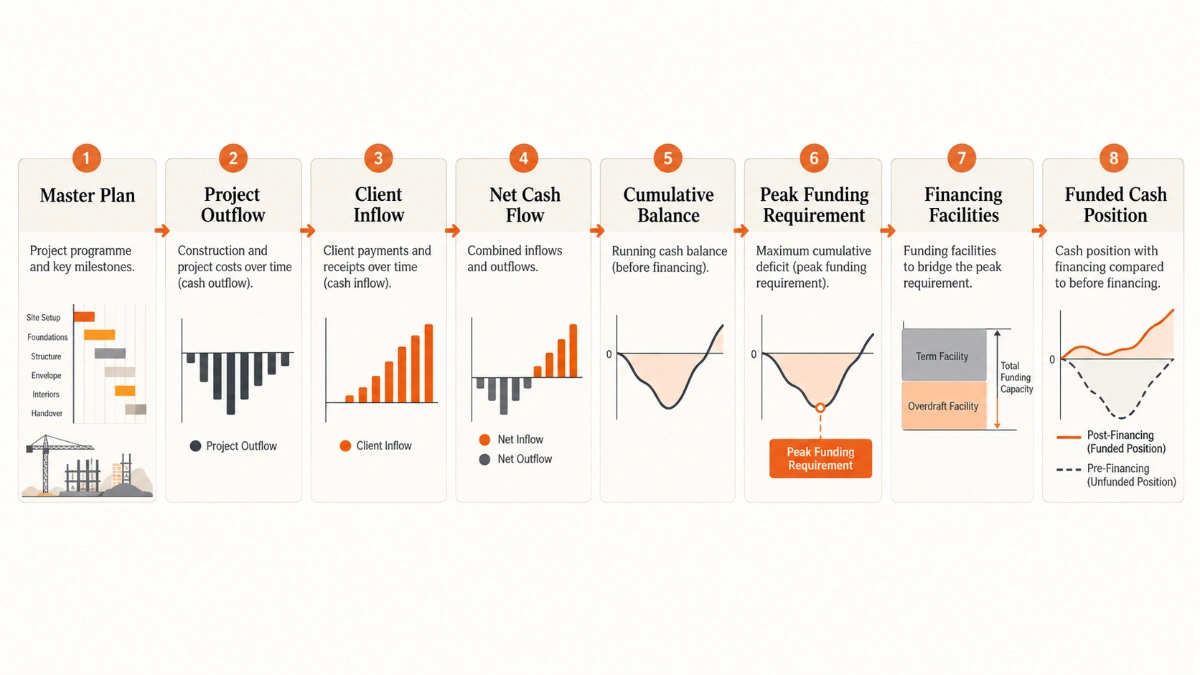 Parcours du planning directeur aux décaissements du projet, aux encaissements du client, au flux de trésorerie net, au solde cumulé, au besoin de financement maximal, aux concours financiers et au solde de trésorerie après financement.