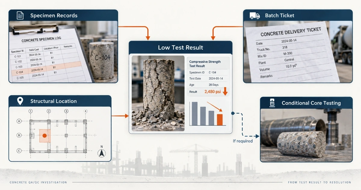 Low concrete compressive-strength investigation sequence from test verification and curing review to traceability, engineering assessment and possible core testing