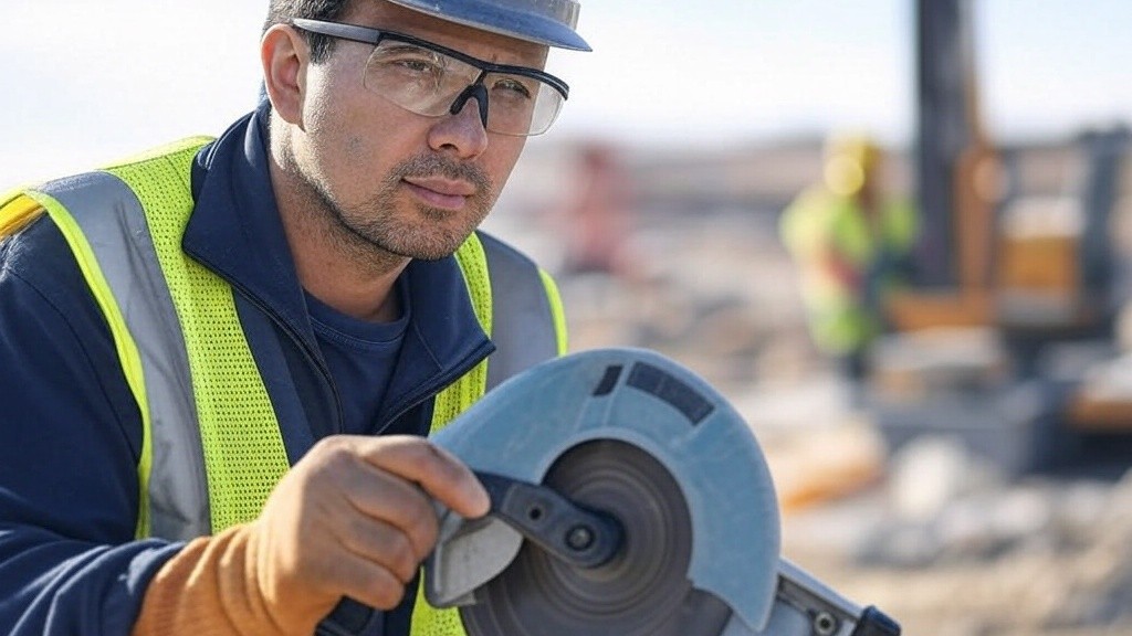 trabalhador usando EPI ferramenta elétrica funcionalidade de segurança