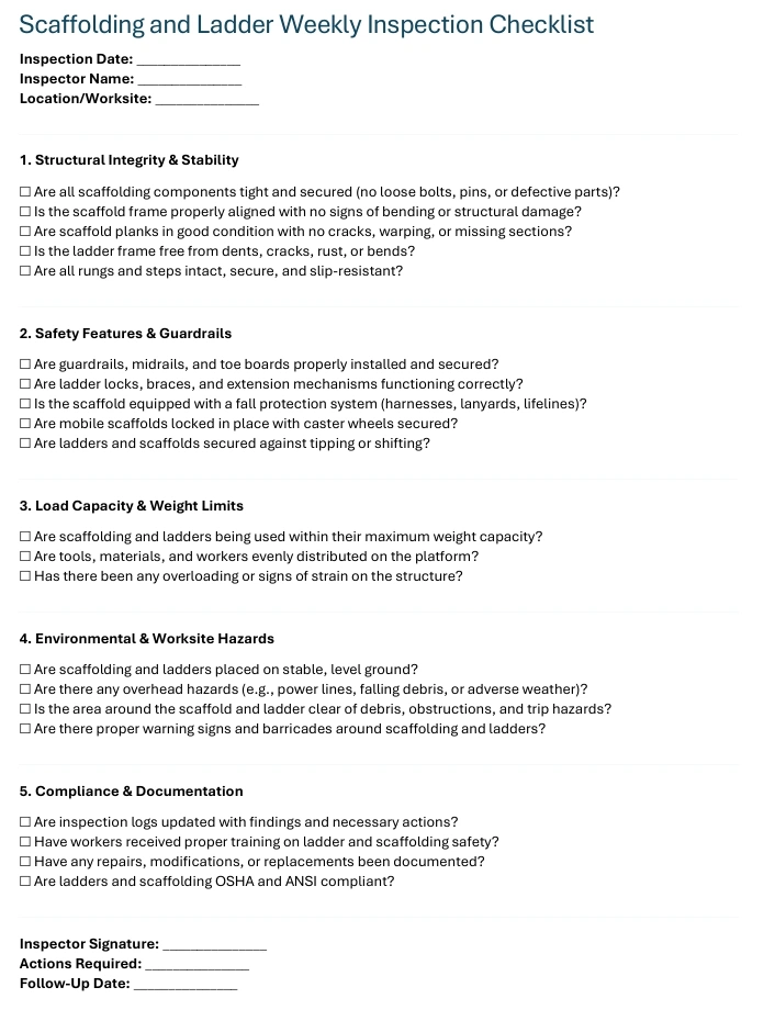 downloadable scaffolding ladder checklist excel word pdf