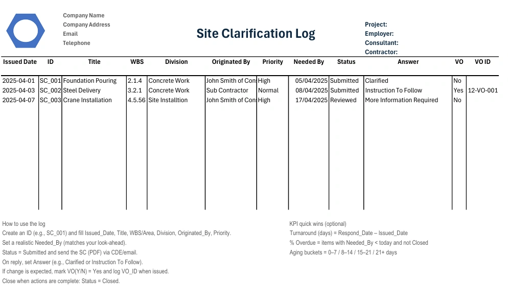 site clarification log quollnet rfi