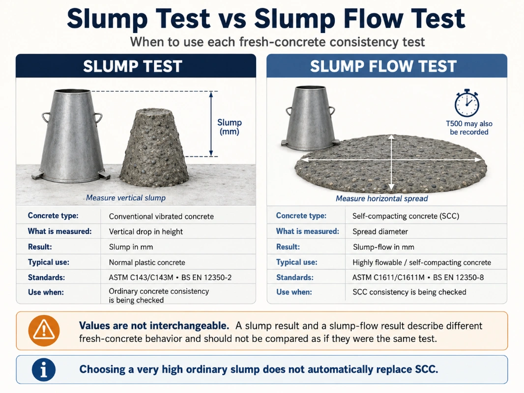 Side-by-side comparison of the concrete slump test and SCC slump-flow test, showing vertical slump measurement versus horizontal spread measurement