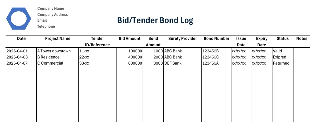 tender bond bid bond log