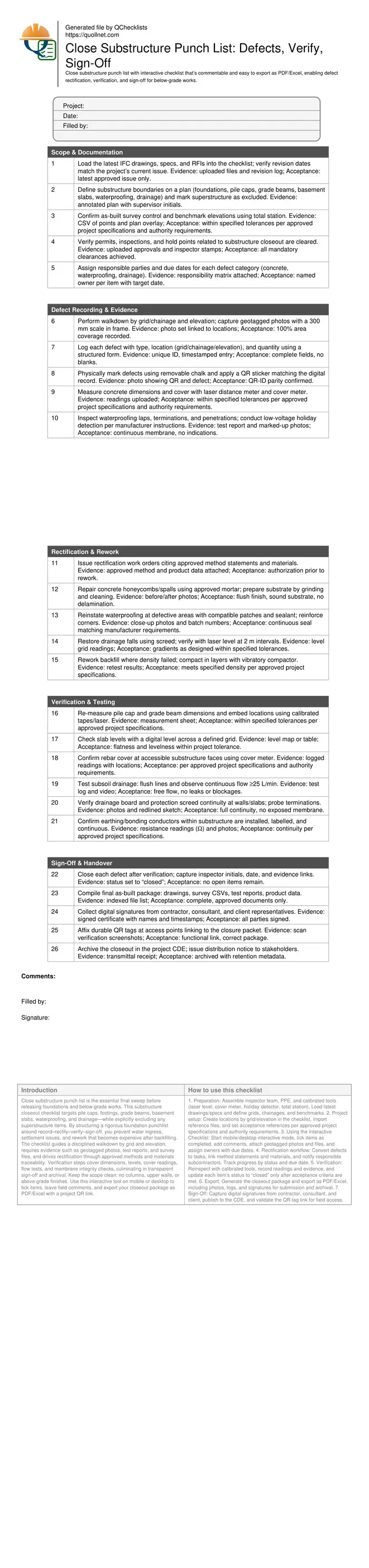 Close Substructure Punch List: Defects, Verify, Sign-Off