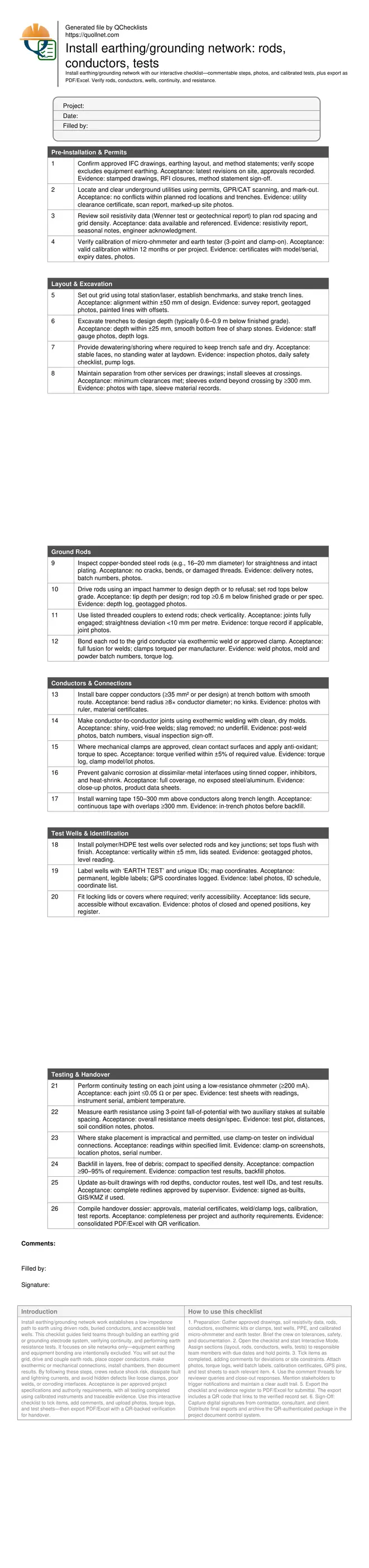 Install earthing/grounding network: rods, conductors, tests