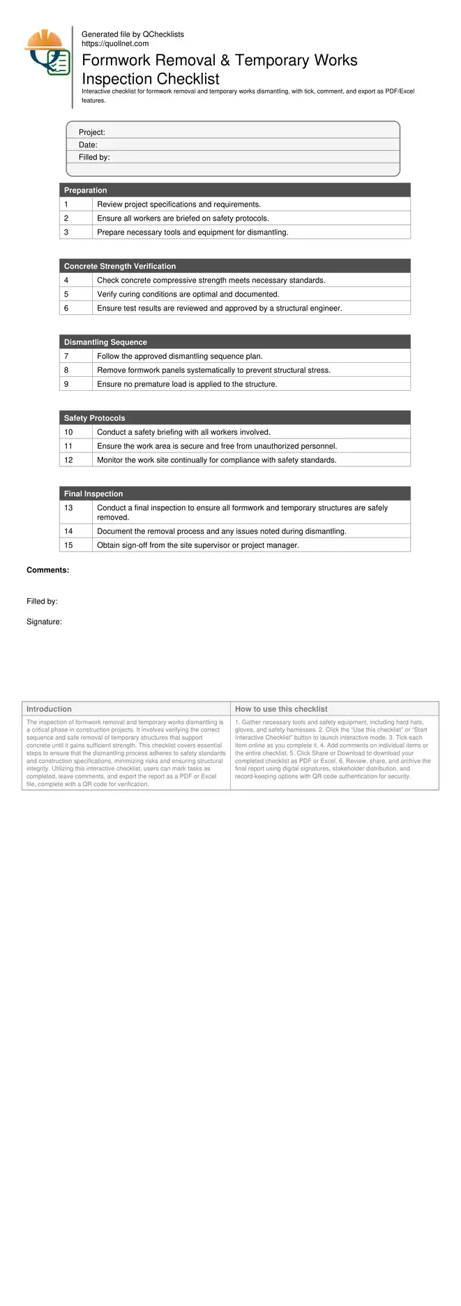 Formwork Removal & Temporary Works Inspection Checklist