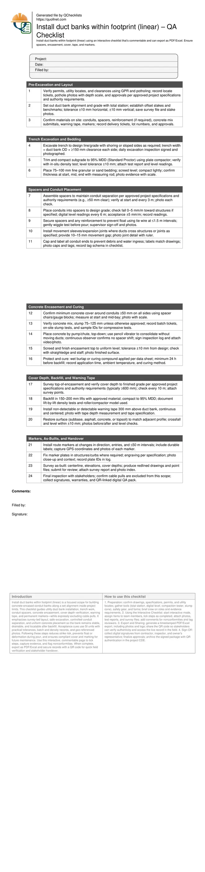 Install duct banks within footprint (linear) – QA Checklist