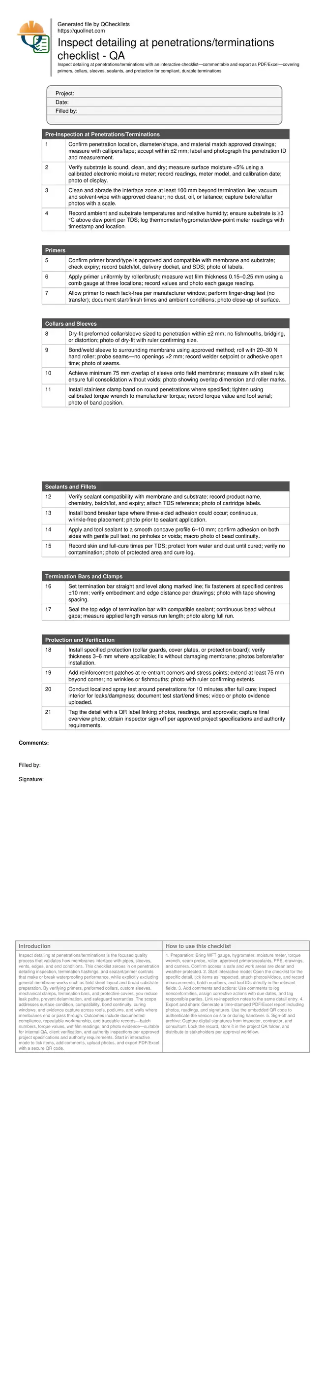 Inspect detailing at penetrations/terminations checklist - QA