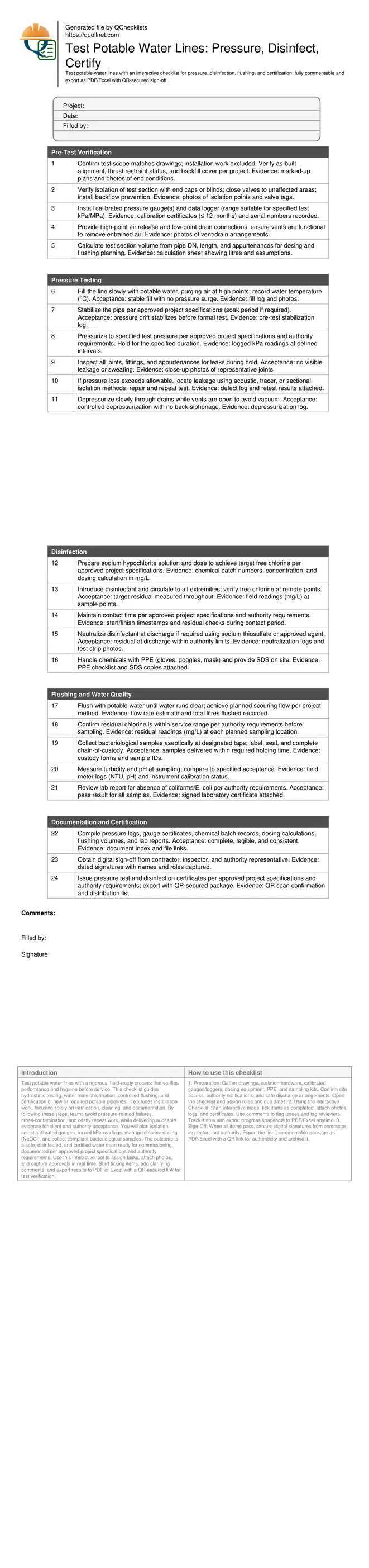 Test Potable Water Lines: Pressure, Disinfect, Certify