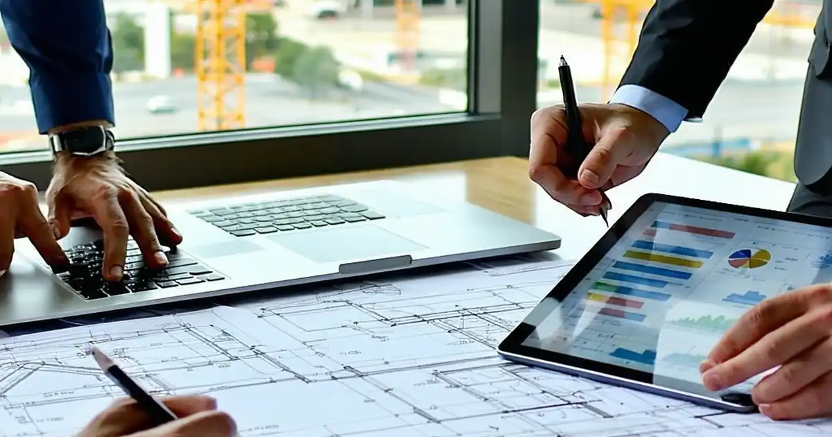 Photo-realistic editorial image of a contractor’s site office meeting: a project engineer and planner review IFC drawings on a table, a laptop displays a Gantt programme, and a tablet shows a digital checklist with a visible QR authenticate button. Stamped approval letters and marked plans are scattered, with highlighters and a scale ruler. Background window reveals an active construction site with scaffolding and a tower crane. Daylight, soft natural lighting, 16:9 composition, no overlaid captions or watermarks. image