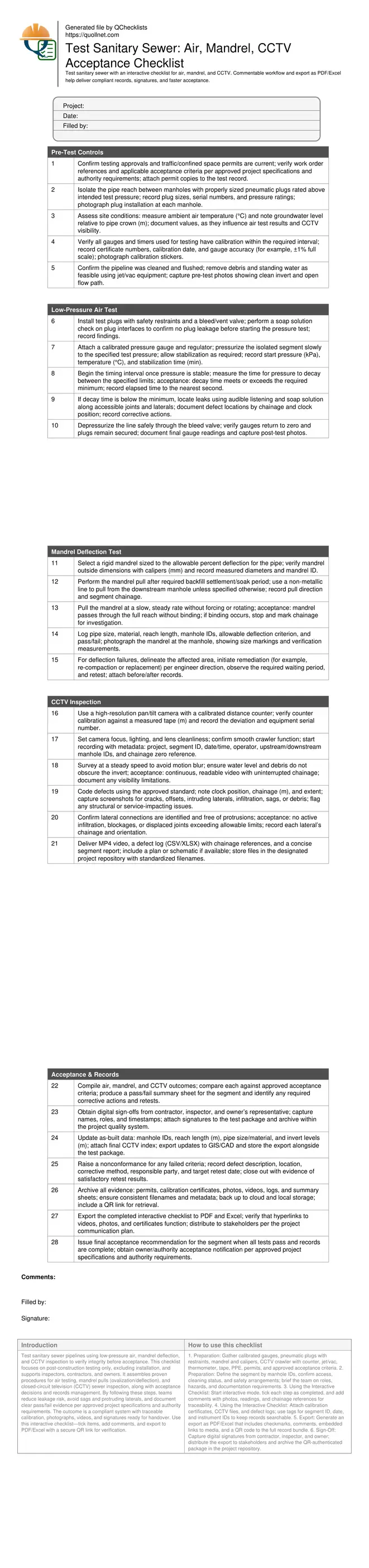 Photo-realistic editorial image of a civil construction crew testing a sanitary sewer segment at a manhole: pneumatic plugs with hoses and gauges, engineer pulling a mandrel, CCTV crawler and service van with monitor, traffic cones and barricades, urban right-of-way setting, early morning side-lighting, crisp details, 16:9 composition, no text