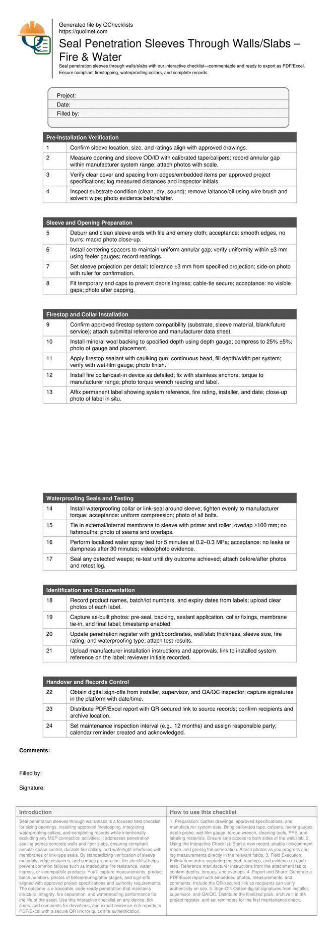 Seal Penetration Sleeves Through Walls/Slabs – Fire & Water