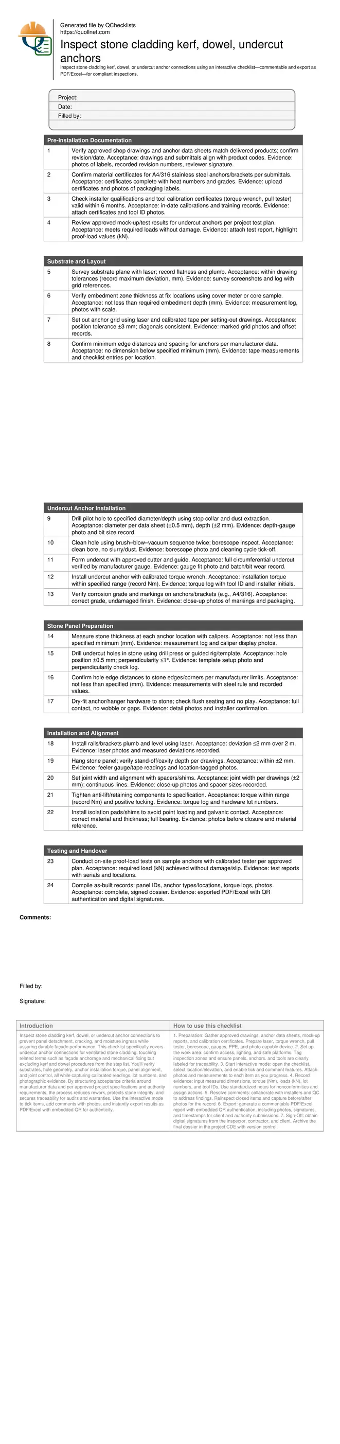 Inspect stone cladding kerf, dowel, undercut anchors