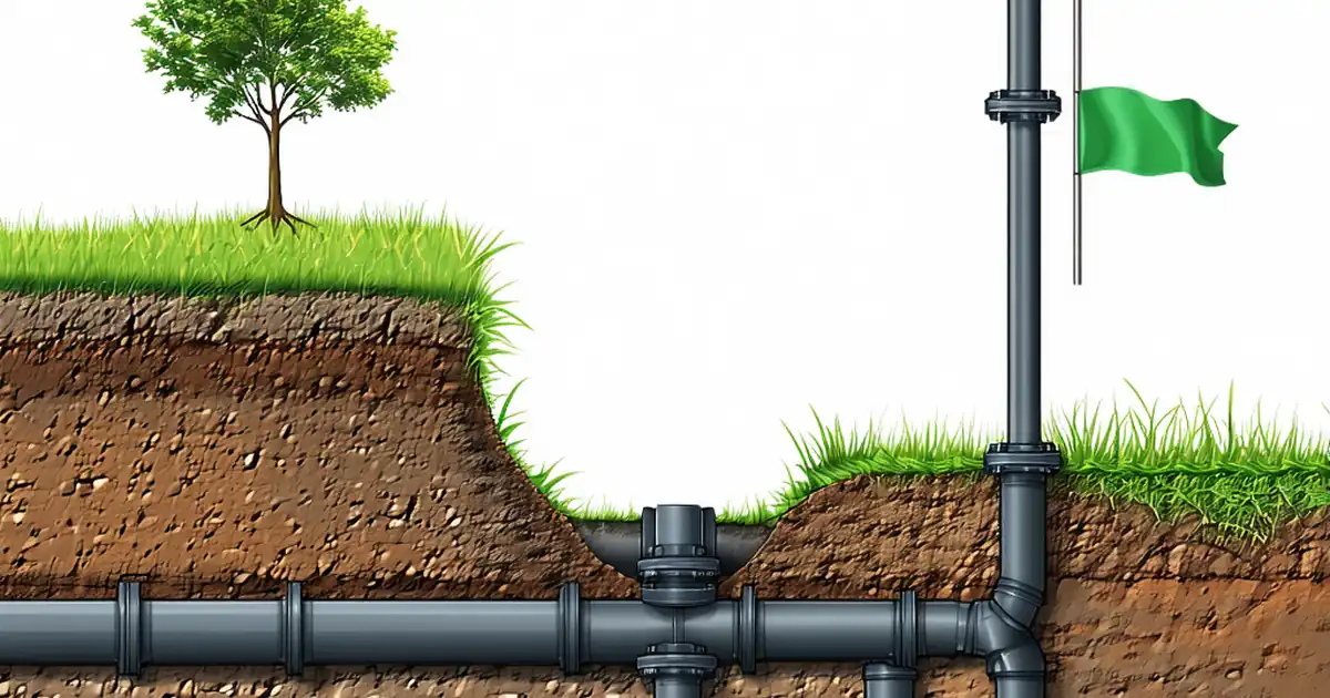 Photo-realistic editorial image of a civil construction crew installing large-diameter stormwater pipes in a trench with angular granular bedding, laser level tripod, excavator, and a concrete headwall at the outlet. Overcast daylight, damp soil textures, visible gaskets and slings, accurate site PPE. Shot at ground level, slight wide-angle, 16:9 composition, natural lighting, no text. image