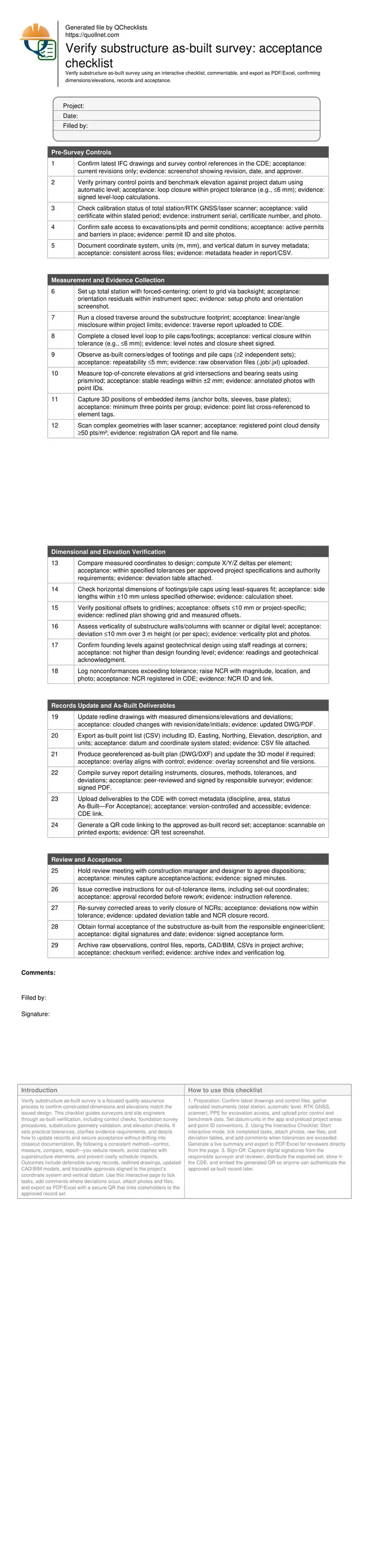 Verify substructure as-built survey: acceptance checklist