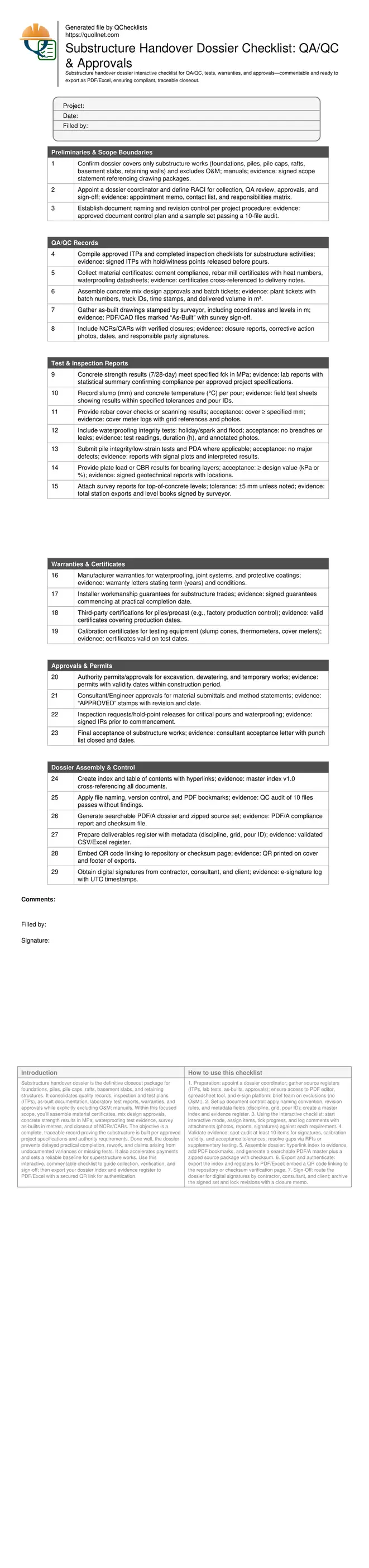 Substructure Handover Dossier Checklist: QA/QC & Approvals