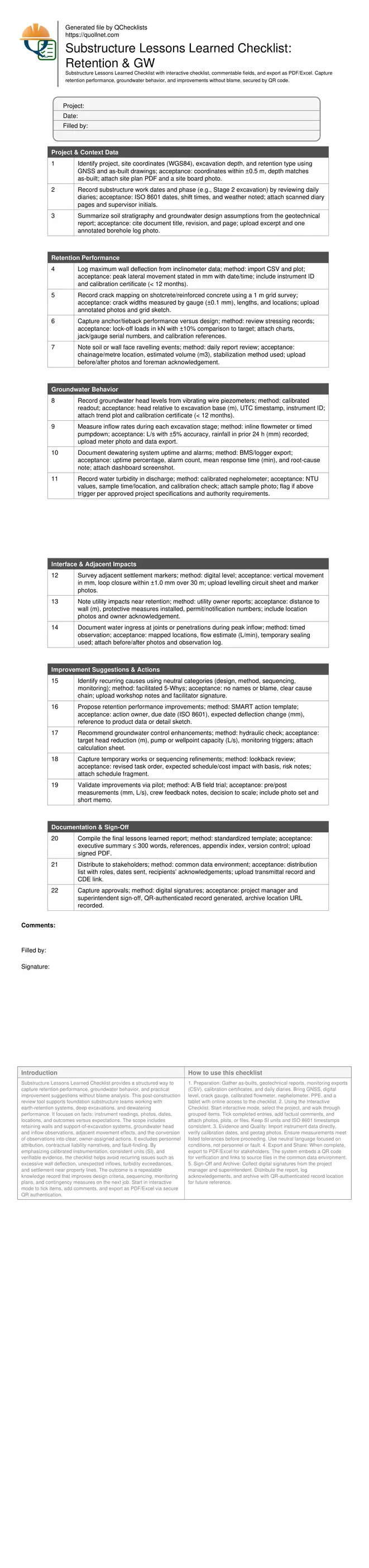 Substructure Lessons Learned Checklist: Retention & GW