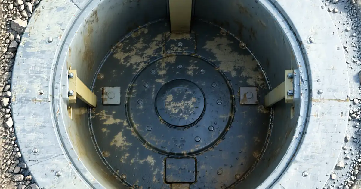 Photo-realistic editorial image of a crew installing a utility manhole: precast rings being set on a concrete base, frame and cover nearby, steps visible inside, laser level tripod, torque wrench and inflatable test plugs on site. Urban roadway edge setting with compacted subgrade and safety barriers. Golden-hour side lighting, clean 16:9 composition, high detail, no text. image