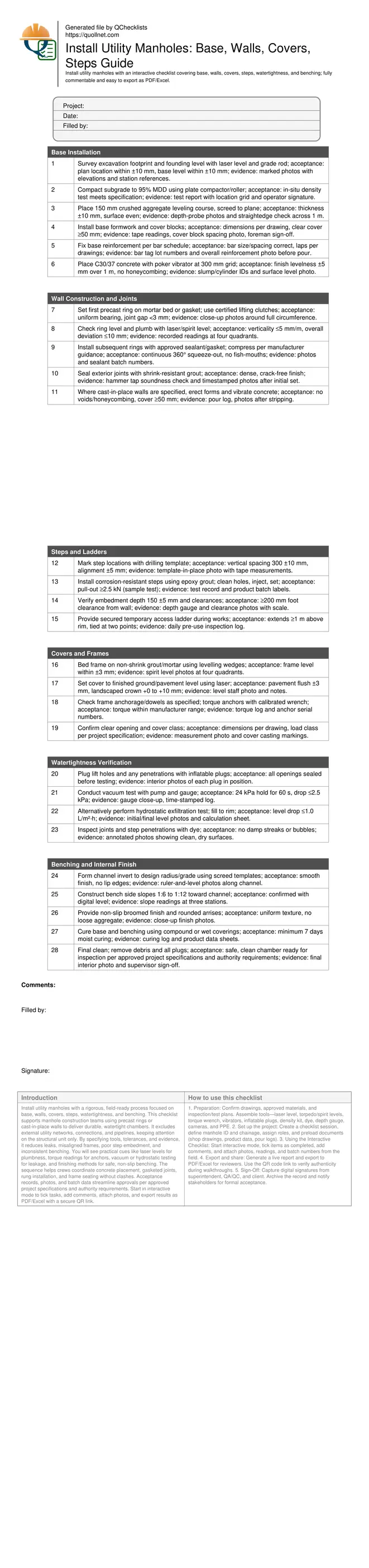 Photo-realistic editorial image of a crew installing a utility manhole: precast rings being set on a concrete base, frame and cover nearby, steps visible inside, laser level tripod, torque wrench and inflatable test plugs on site. Urban roadway edge setting with compacted subgrade and safety barriers. Golden-hour side lighting, clean 16:9 composition, high detail, no text.