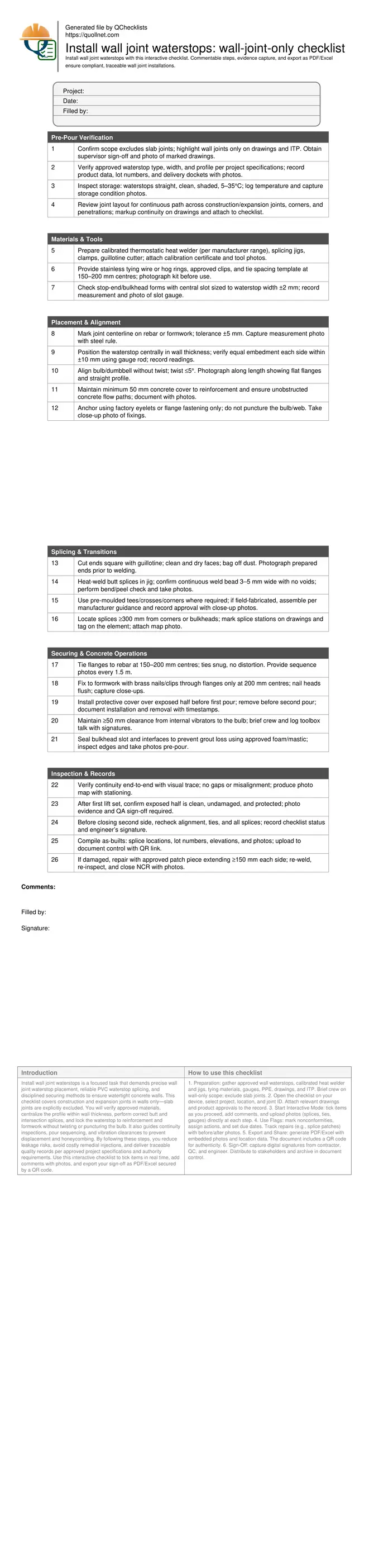 Install wall joint waterstops: wall-joint-only checklist