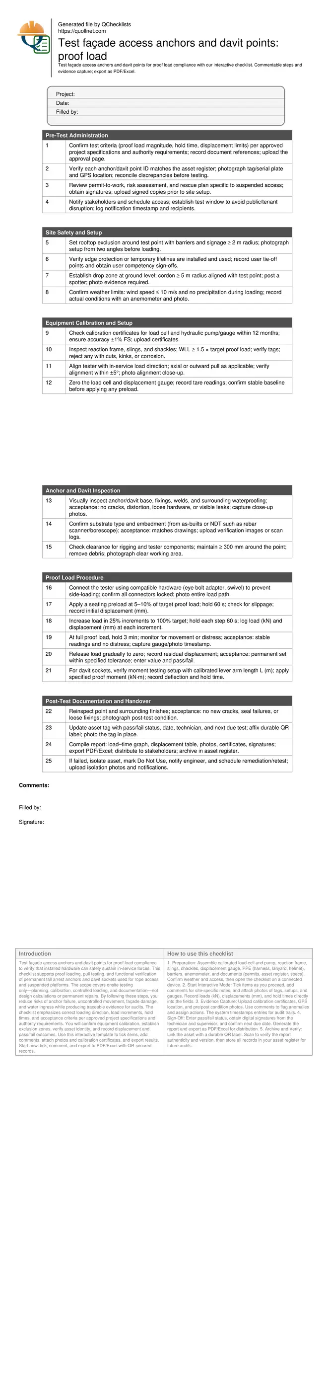 Test façade access anchors and davit points: proof load