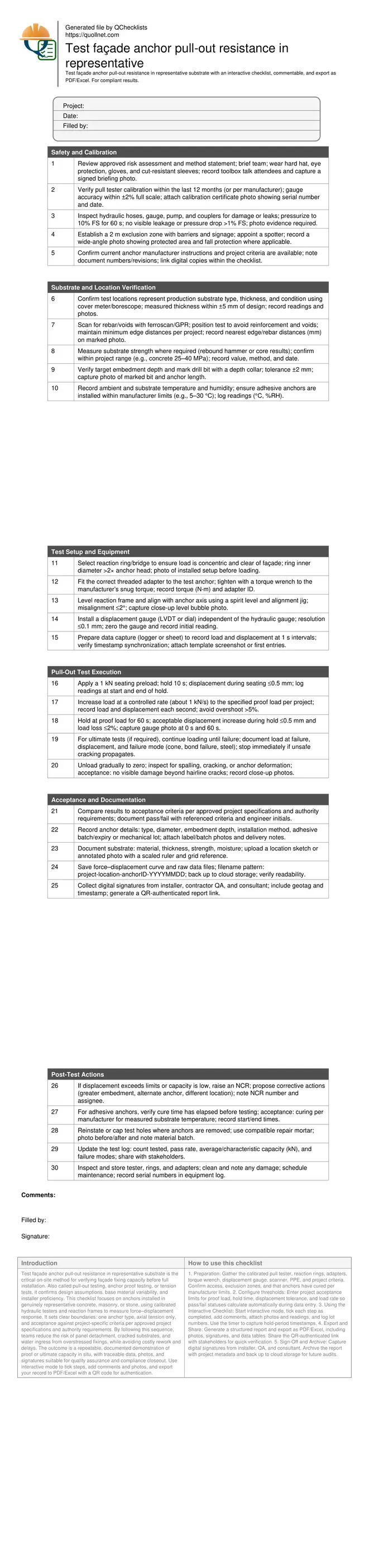 Test façade anchor pull-out resistance in representative