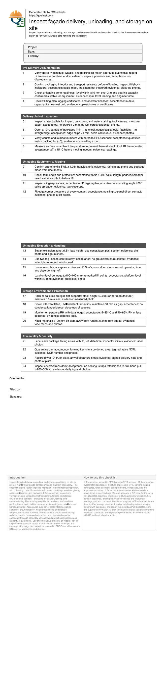 Inspect façade delivery, unloading, and storage on site