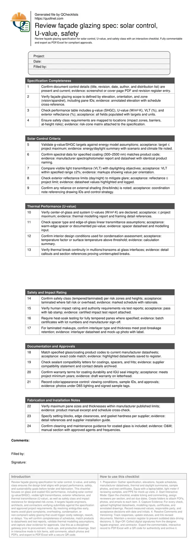 Review façade glazing spec: solar control, U-value, safety