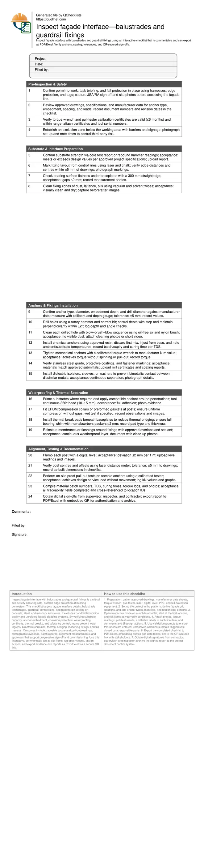 Inspect façade interface—balustrades and guardrail fixings