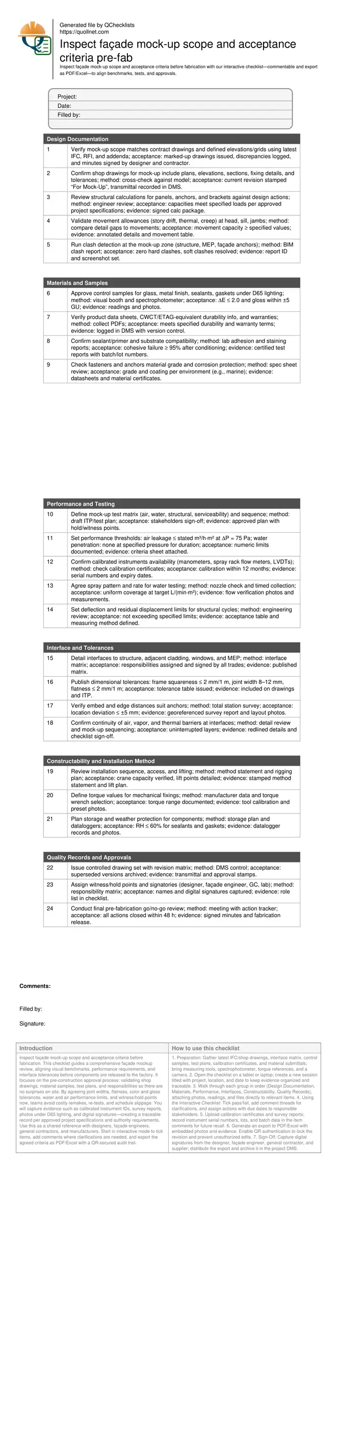 Inspect façade mock-up scope and acceptance criteria pre-fab