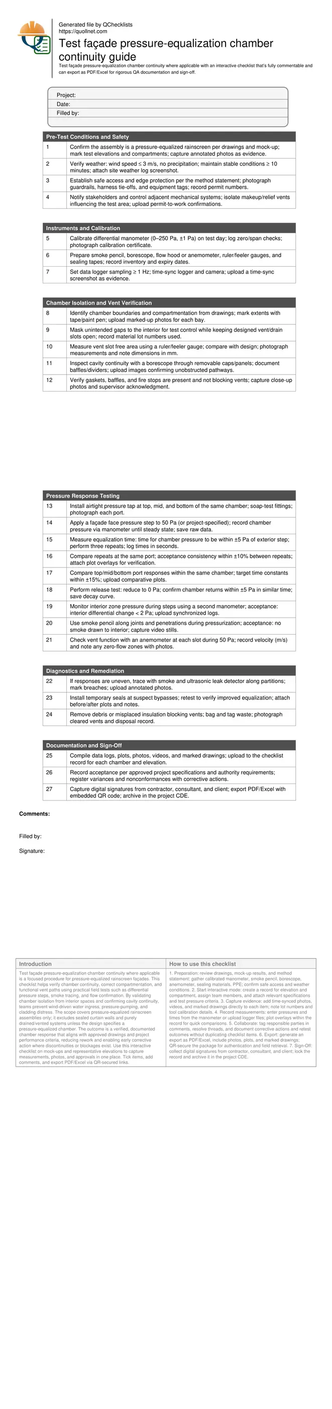 Test façade pressure-equalization chamber continuity guide
