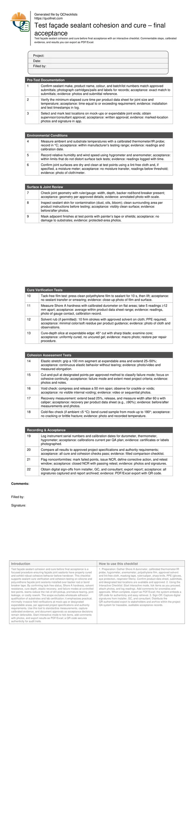 Test façade sealant cohesion and cure – final acceptance