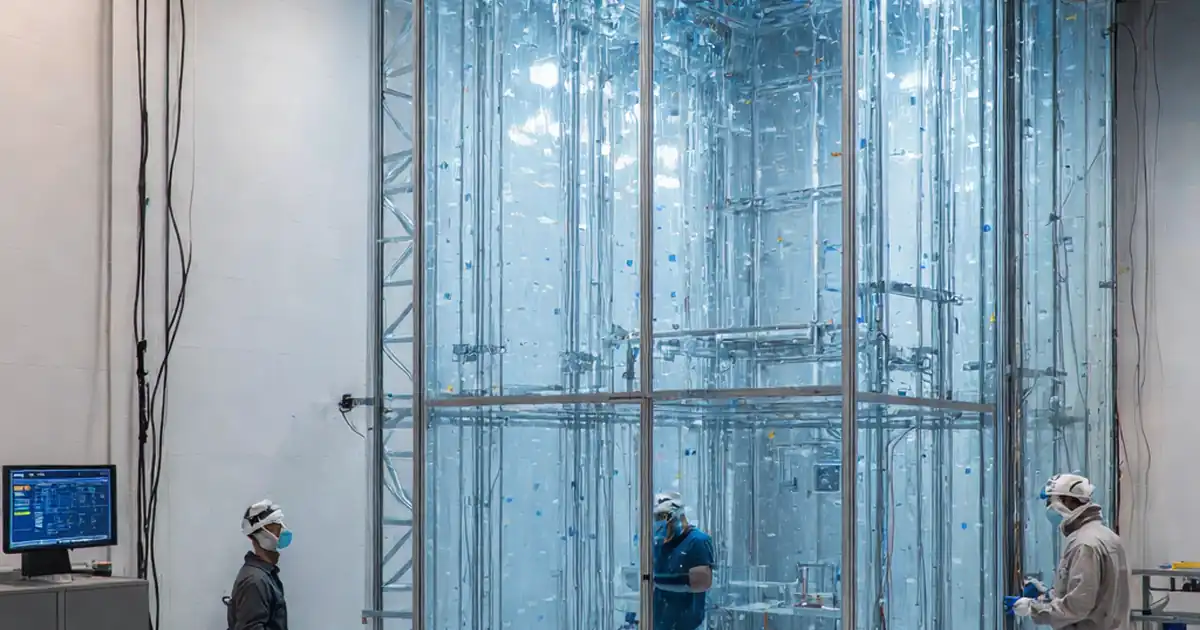 Photo-realistic editorial image of a full-scale curtain wall façade mock-up in a structural testing laboratory, shown in three-quarter view. Hydraulic actuators apply lateral racking at the interstorey interface, with visible LVDT displacement transducers, strain gauge wiring, and a data acquisition unit displaying live plots. Technicians in PPE observe from a marked 2 m exclusion zone. Overhead daylight and work lights illuminate mullions, glazing edges, and movement joints. Clean, modern lab environment, 16:9 composition, no overlaid captions or watermarks. image