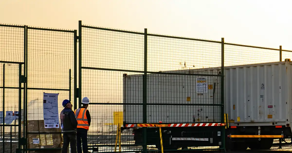 Photo-realistic editorial image of a construction site during first-month mobilization: perimeter fencing with locked gates and reflective signage, portable offices and welfare cabins with visible power and data cabling, marked laydown area with barriers, wheel-wash and silt fence, delivery truck at a controlled gate, crew at a toolbox talk near a site plan board. Early morning golden light, slight haze, high-detail textures, natural colors, 16:9 composition, ground-level perspective showing traffic flow arrows and safety posters near the entrance. image